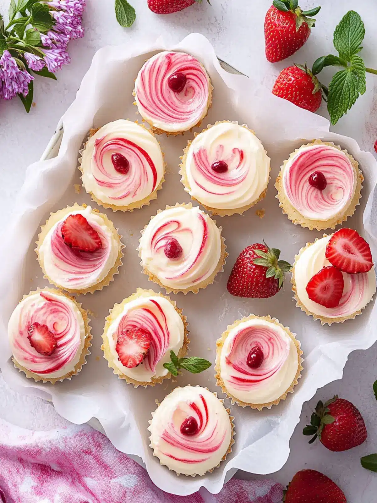 Mini Philadelphia cheesecakes with strawberry swirl for Mother's Day