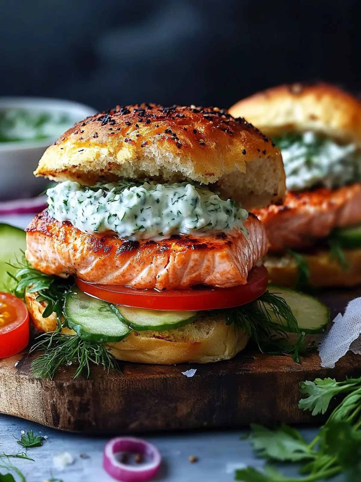 Savory Salmon Burgers with Tzatziki for a Fresh Twist 2 Salmon Burgers with Tzatziki