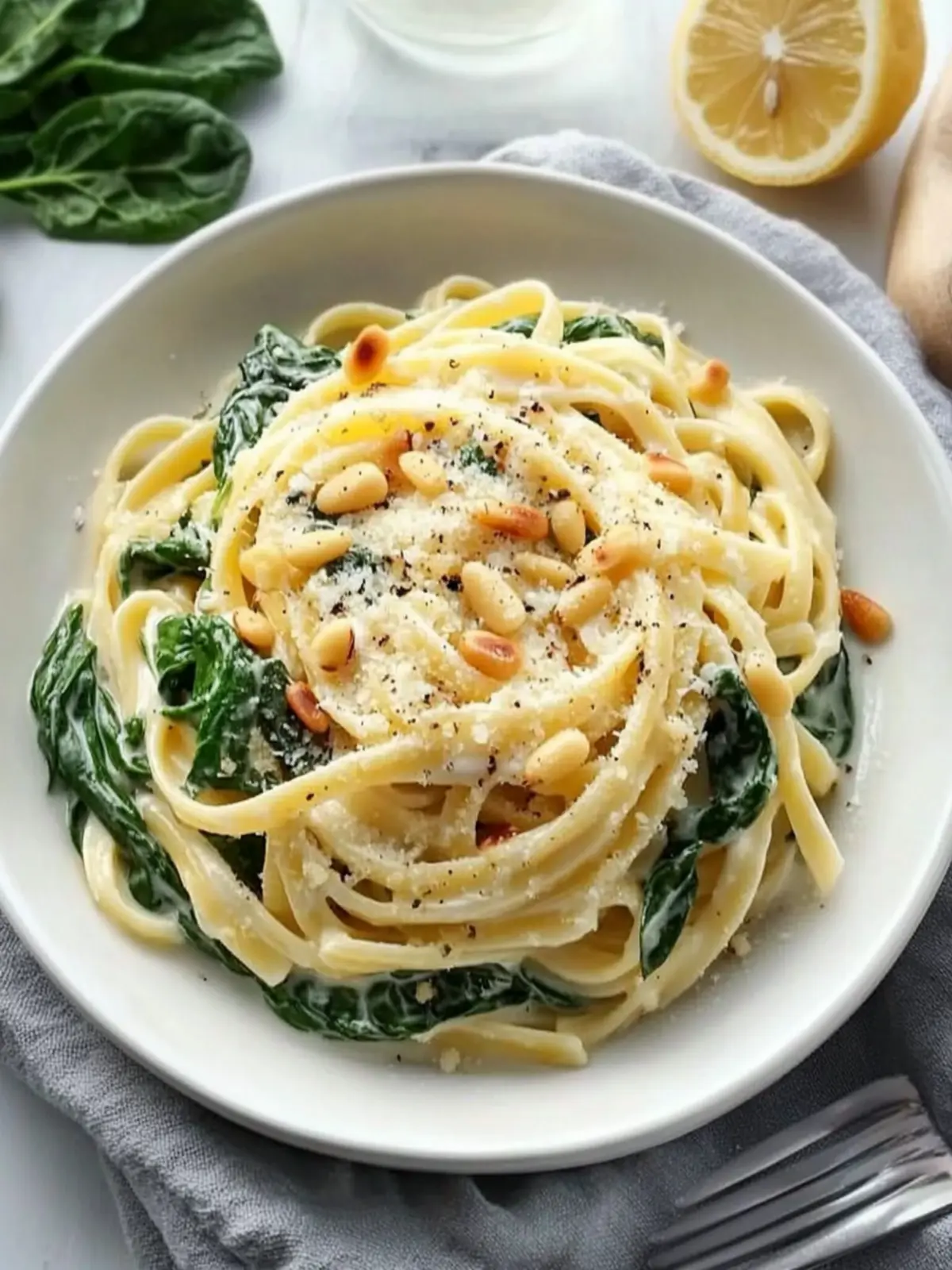Lemon Ricotta Pasta with Spinach and Toasted Pine Nuts