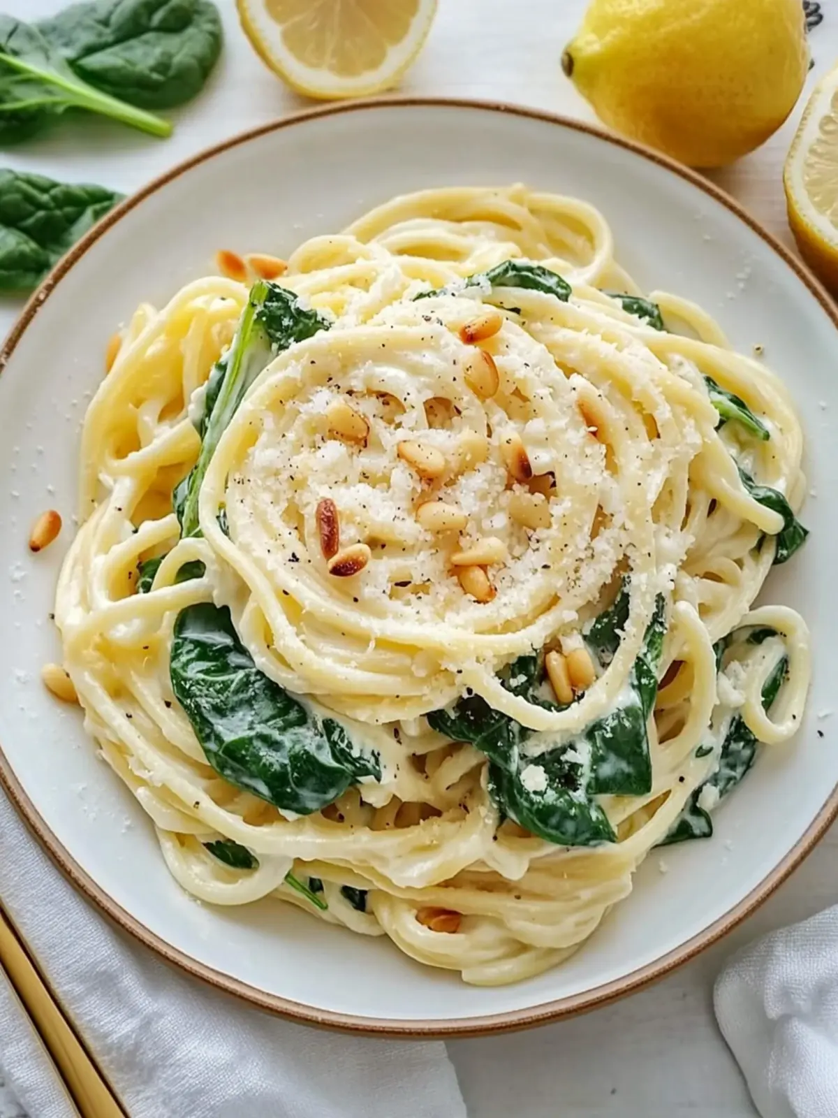 Lemon Ricotta Pasta with Spinach and Toasted Pine Nuts
