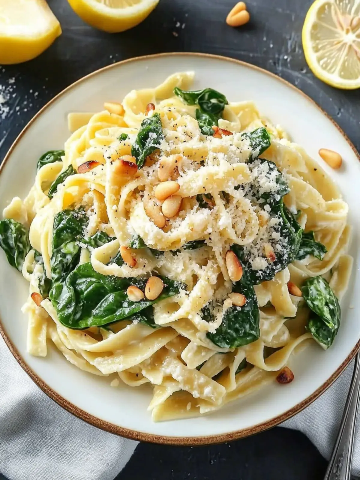 Lemon Ricotta Pasta with Spinach and Toasted Pine Nuts