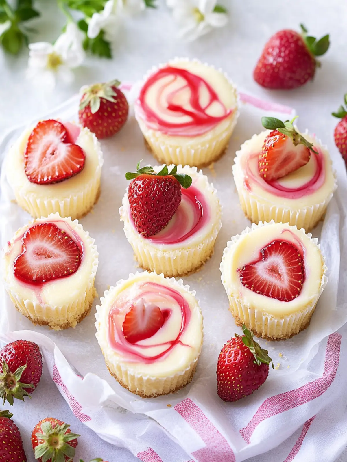 Mini Philadelphia cheesecakes with strawberry swirl for Mother's Day