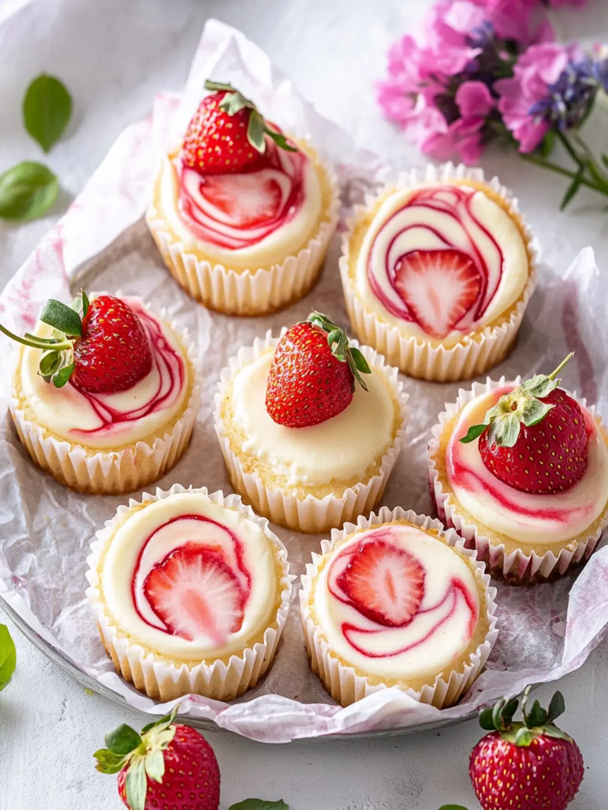 Mini Philadelphia cheesecakes with strawberry swirl for Mother's Day