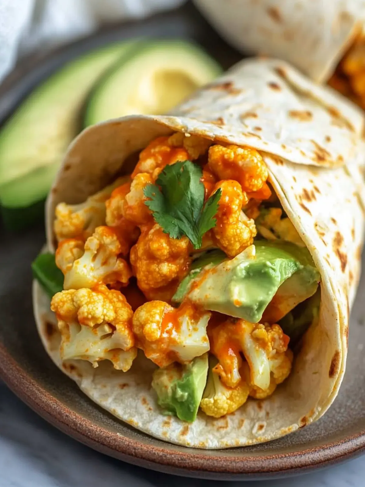 Flavor-Packed Buffalo Cauliflower Wraps with Creamy Avocado Crema 2 Buffalo Cauliflower Wrap