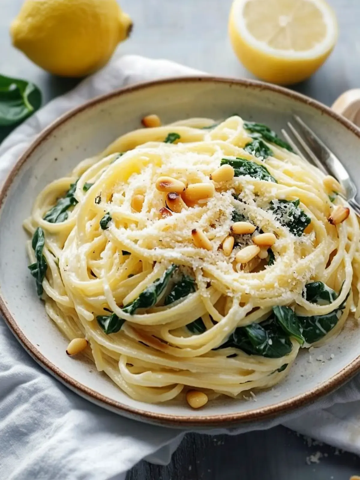 Lemon Ricotta Pasta with Spinach and Toasted Pine Nuts
