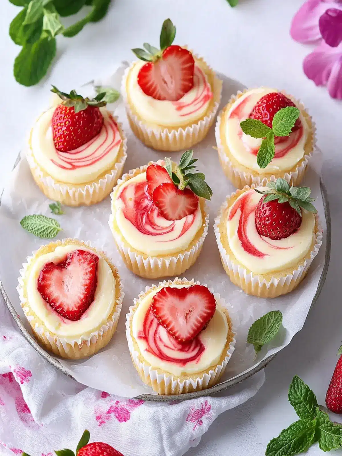 Mini Philadelphia cheesecakes with strawberry swirl for Mother's Day