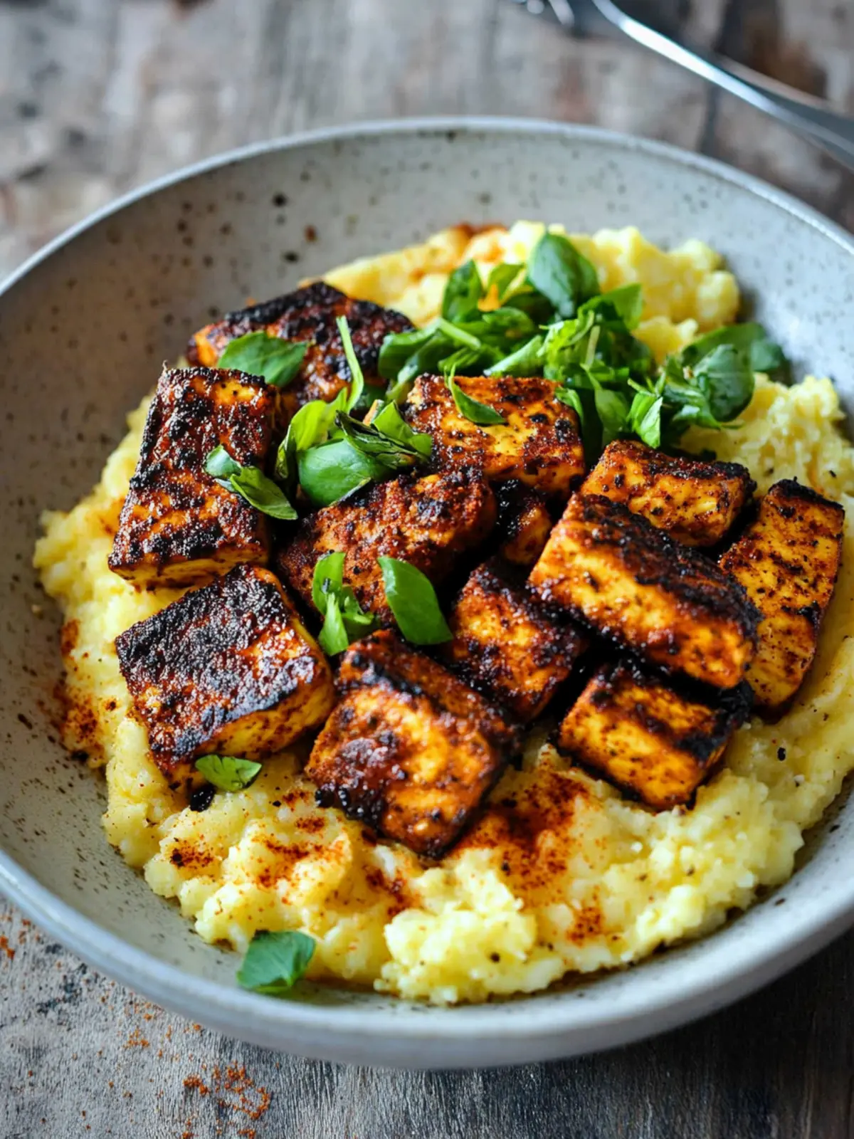 Vegan Blackened Tofu with Cheesy Grits: Comfort in a Bowl 2 Vegan Blackened Tofu with Cheesy Grits