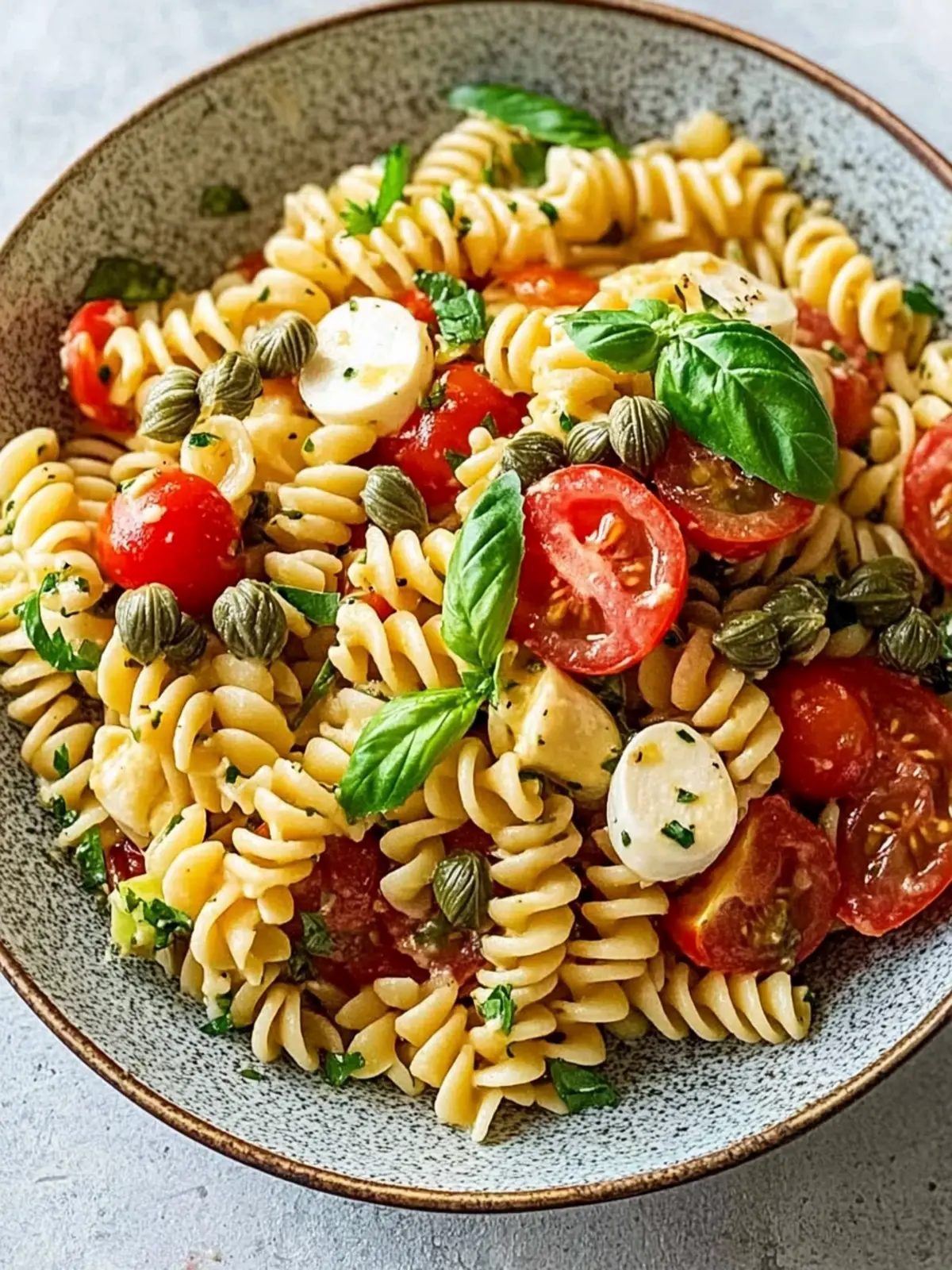 Flavor-Packed Pasta Salad with Bocconcini, Capers, and Tomatoes 3 Pasta salad with bocconcini, capers and tomatoes