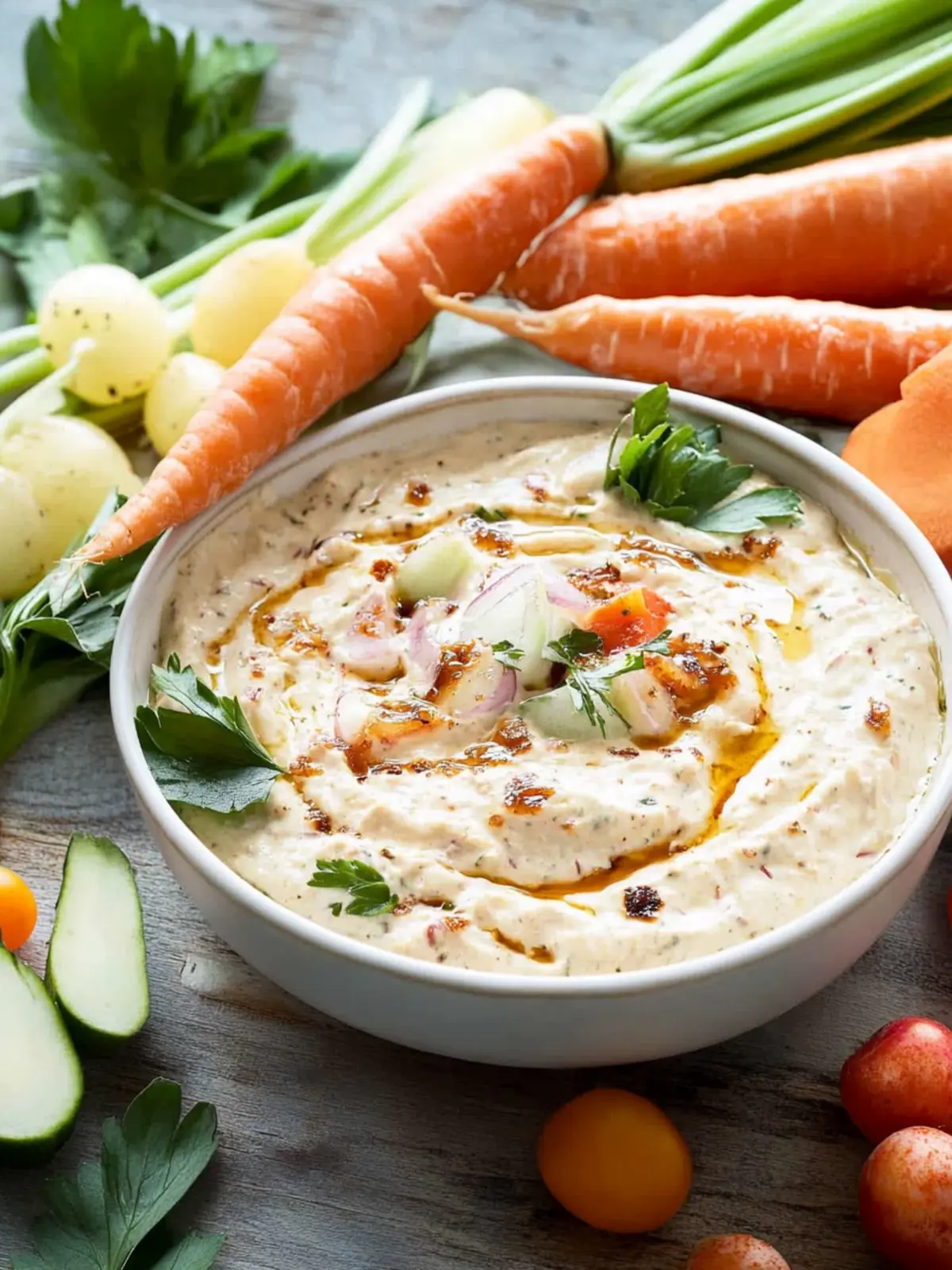 Delicious Caramelised Onion Dip with Crunchy Baby Veggies 2 Caramelised onion dip with baby vegetables