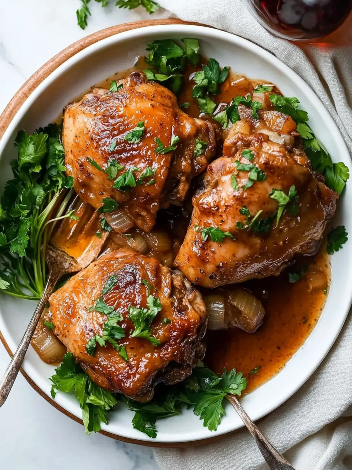 Savor Juicy Chicken Thighs with Shallots in Red Wine Vinegar 4 Chicken Thighs with Shallots in Red Wine Vinegar
