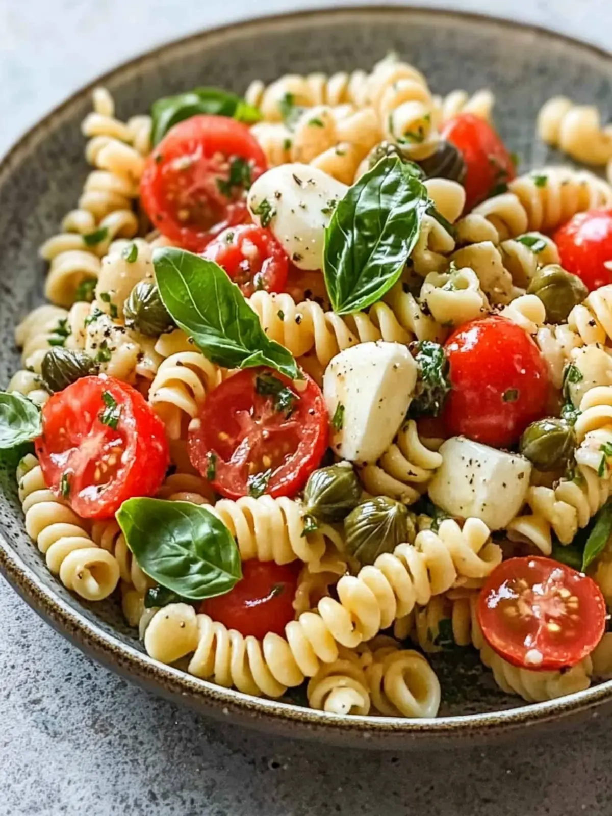 Flavor-Packed Pasta Salad with Bocconcini, Capers, and Tomatoes 2 Pasta salad with bocconcini, capers and tomatoes