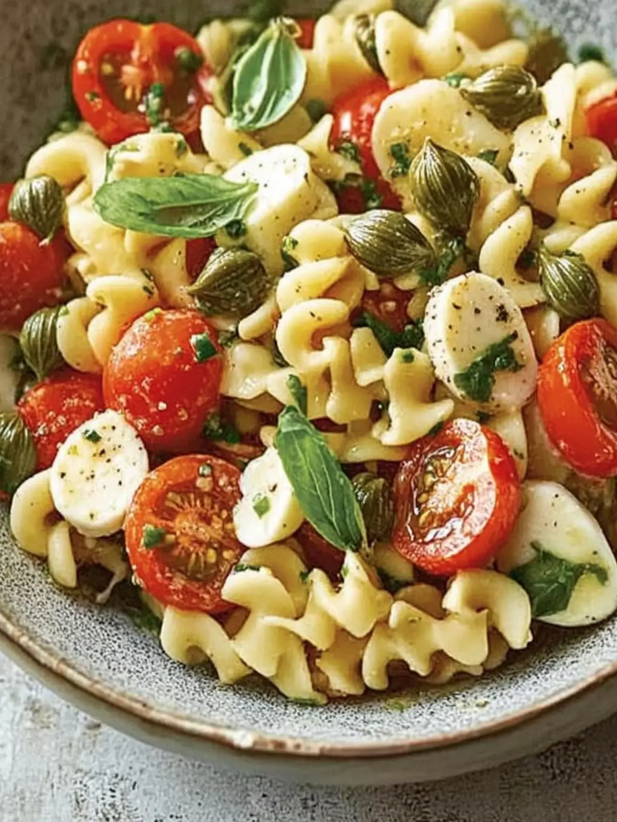 Flavor-Packed Pasta Salad with Bocconcini, Capers, and Tomatoes 5 Pasta salad with bocconcini, capers and tomatoes