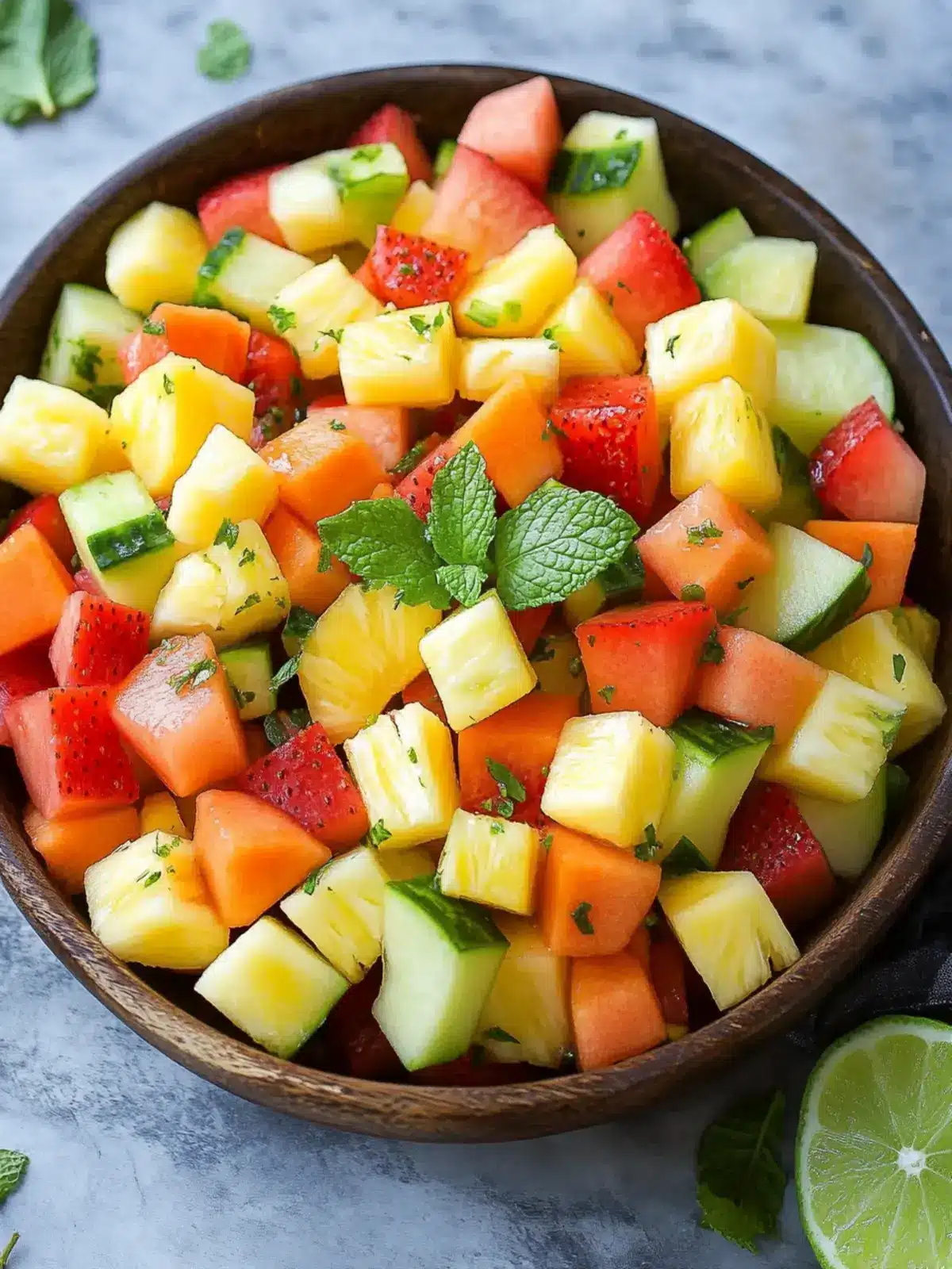 Melon Pineapple Fruit Salad with Honey Lime Mint Bliss 2 Melon and Pineapple Fruit Salad with Honey, Lime and Mint Dressing