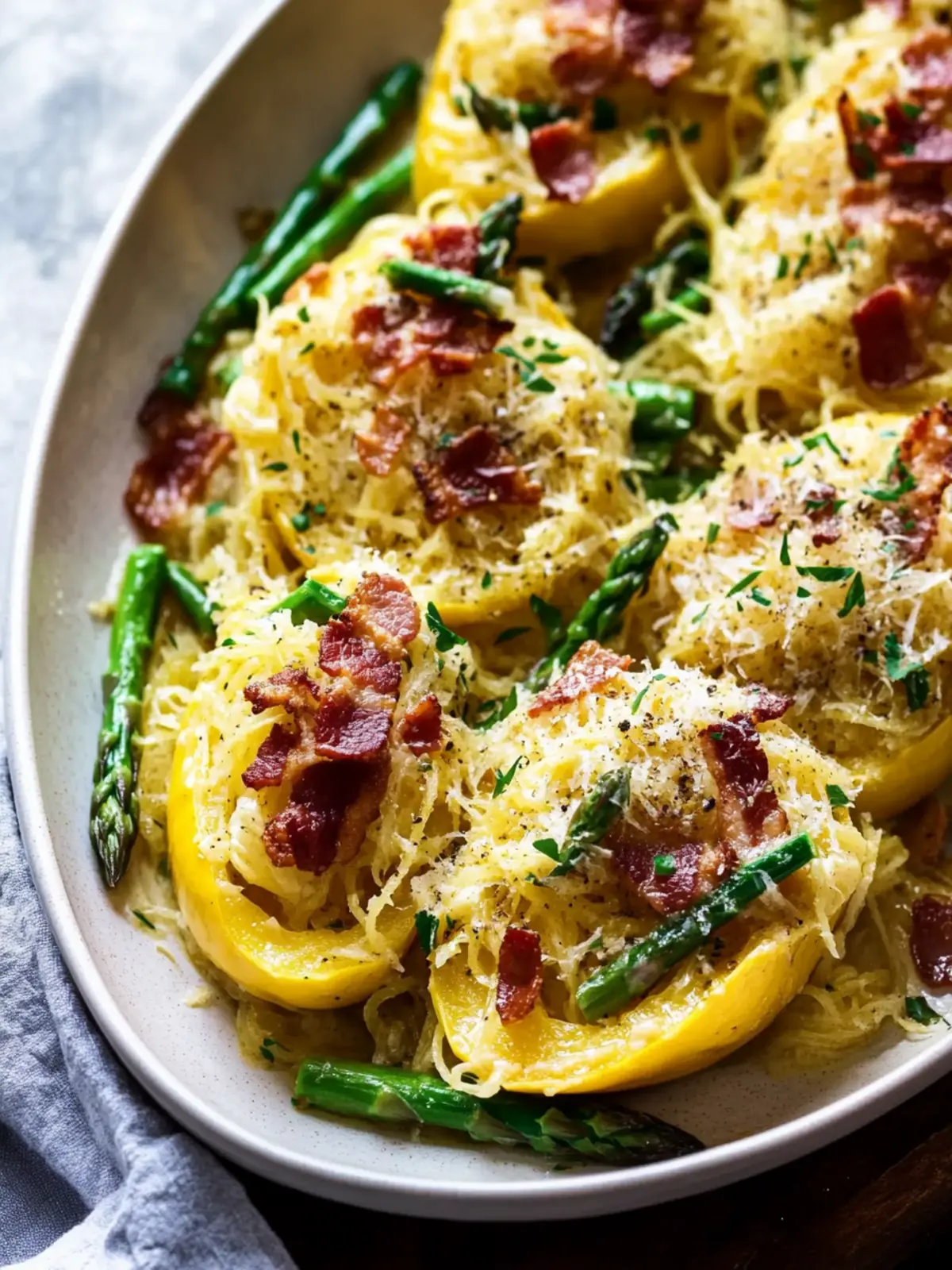 Roasted Garlic Spaghetti Squash with Asparagus and Bacon Bliss 5 Roasted Garlic Spaghetti Squash with Asparagus and Bacon