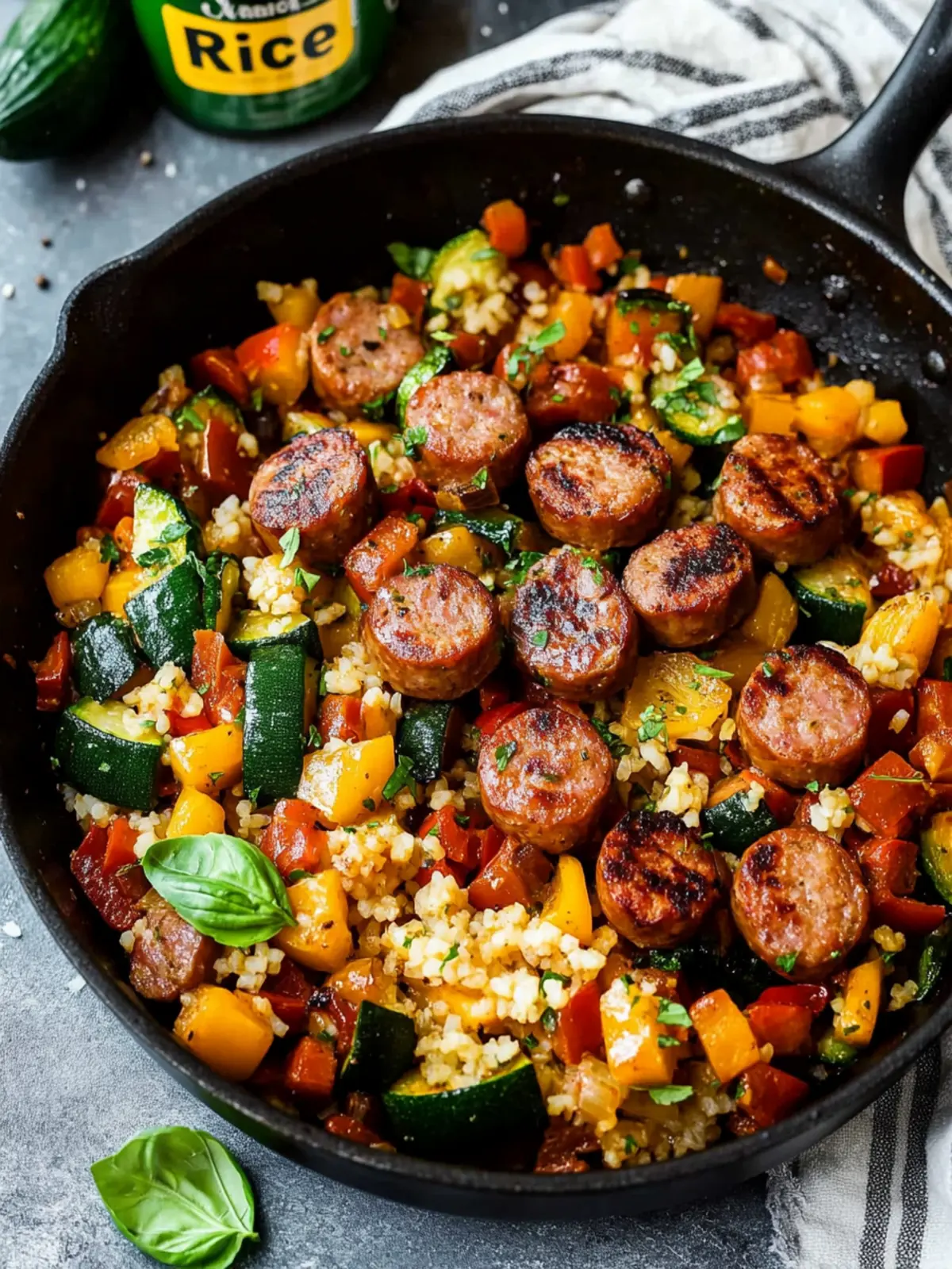 One Skillet Sausage with Veggies and Rice: Easy Whole30 Delight 5 One Skillet Sausage with Veggies and “Rice” {Paleo, Whole30, Keto}