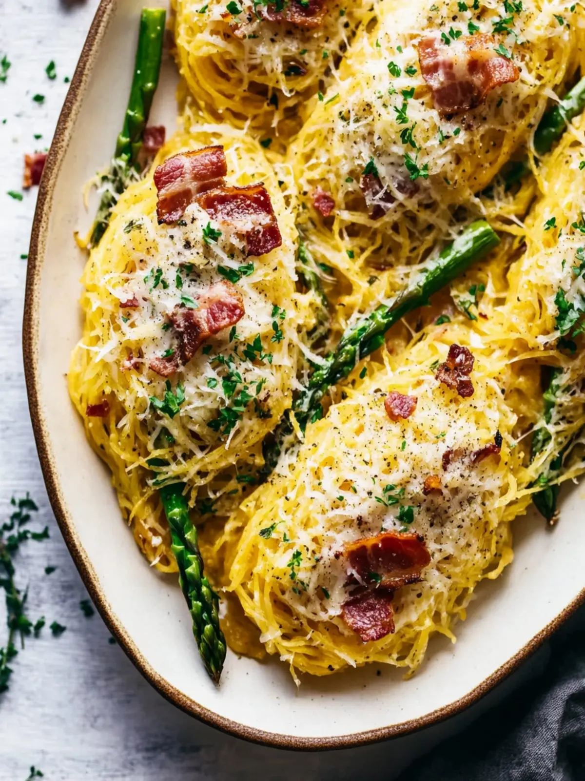 Roasted Garlic Spaghetti Squash with Asparagus and Bacon Bliss 4 Roasted Garlic Spaghetti Squash with Asparagus and Bacon