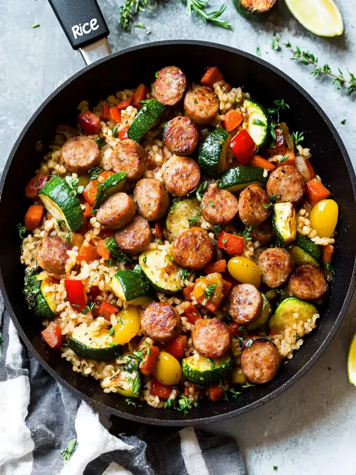 One Skillet Sausage with Veggies and Rice: Easy Whole30 Delight 2 One Skillet Sausage with Veggies and “Rice” {Paleo, Whole30, Keto}