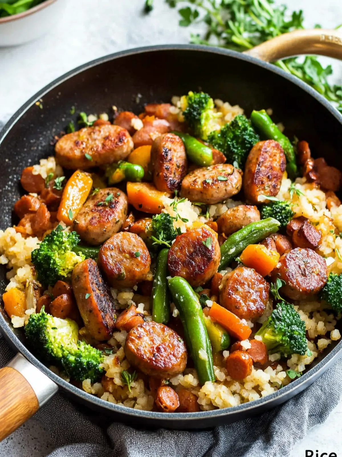 One Skillet Sausage with Veggies and Rice: Easy Whole30 Delight 4 One Skillet Sausage with Veggies and “Rice” {Paleo, Whole30, Keto}
