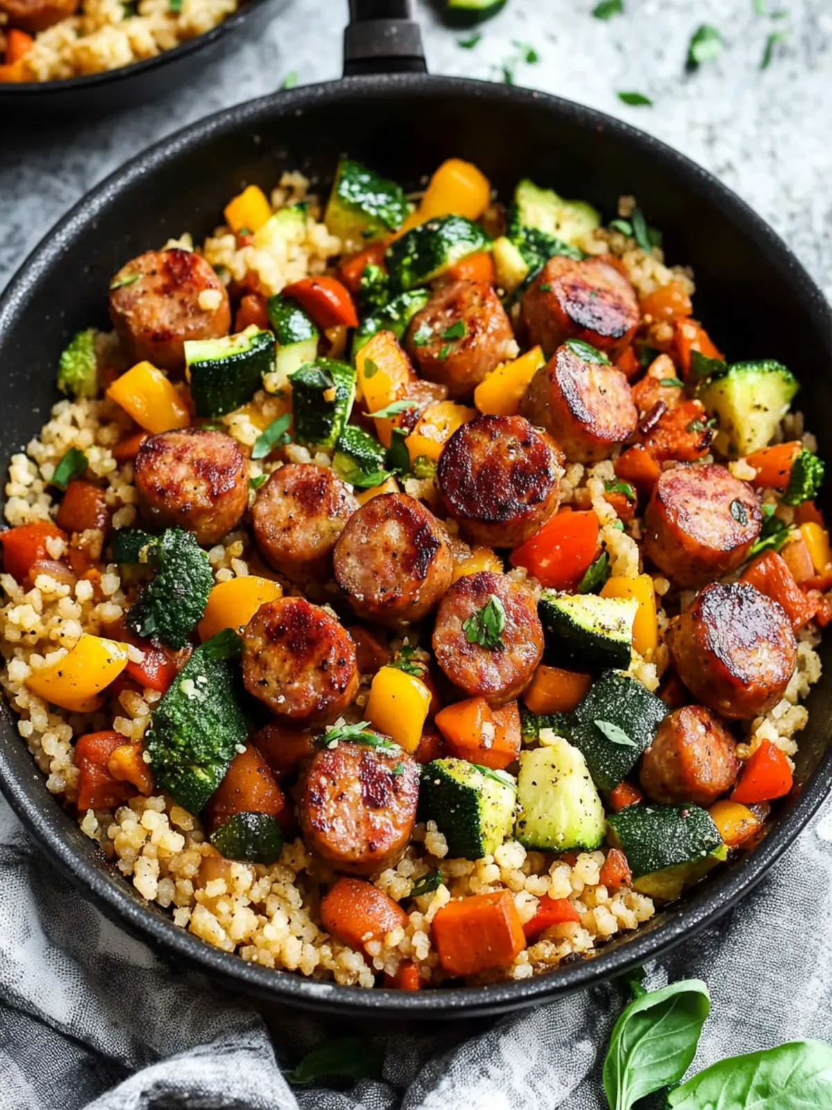 One Skillet Sausage with Veggies and Rice: Easy Whole30 Delight 3 One Skillet Sausage with Veggies and “Rice” {Paleo, Whole30, Keto}