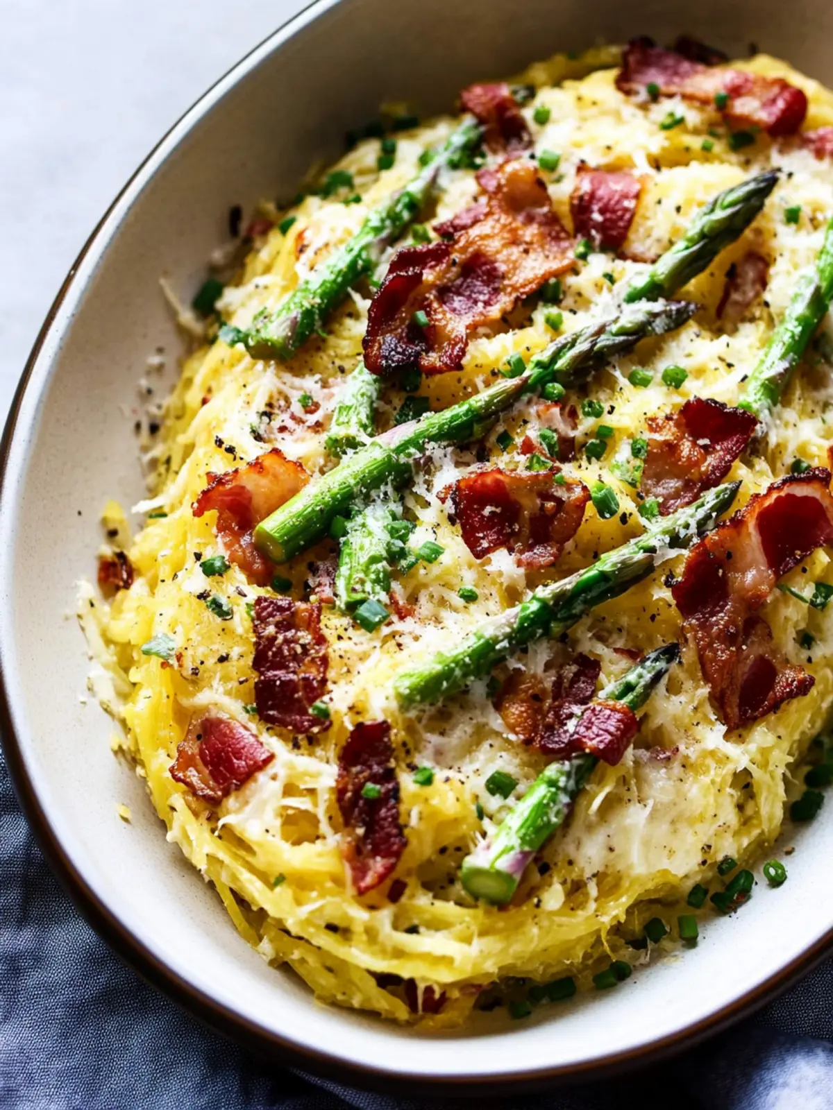 Roasted Garlic Spaghetti Squash with Asparagus and Bacon Bliss 2 Roasted Garlic Spaghetti Squash with Asparagus and Bacon