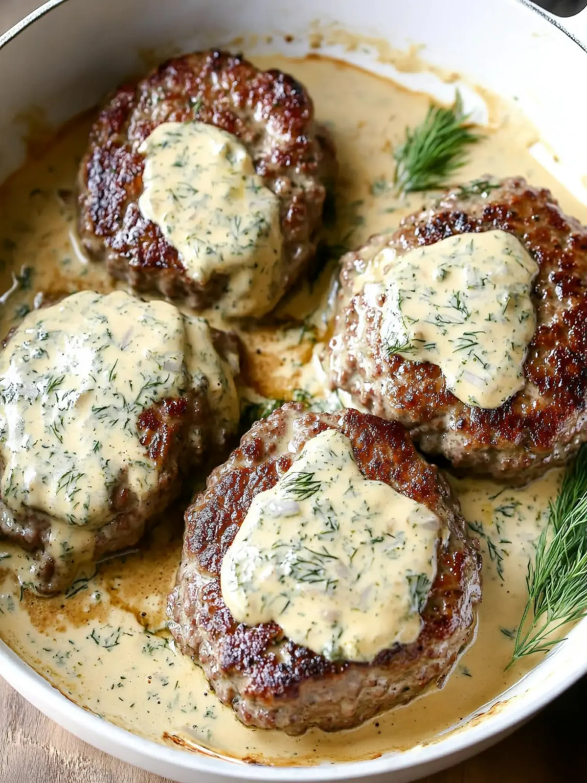 Savor Hamburger Steaks in Creamy Dill Sauce Tonight! 3 Hamburger Steaks in Creamy Dill Sauce