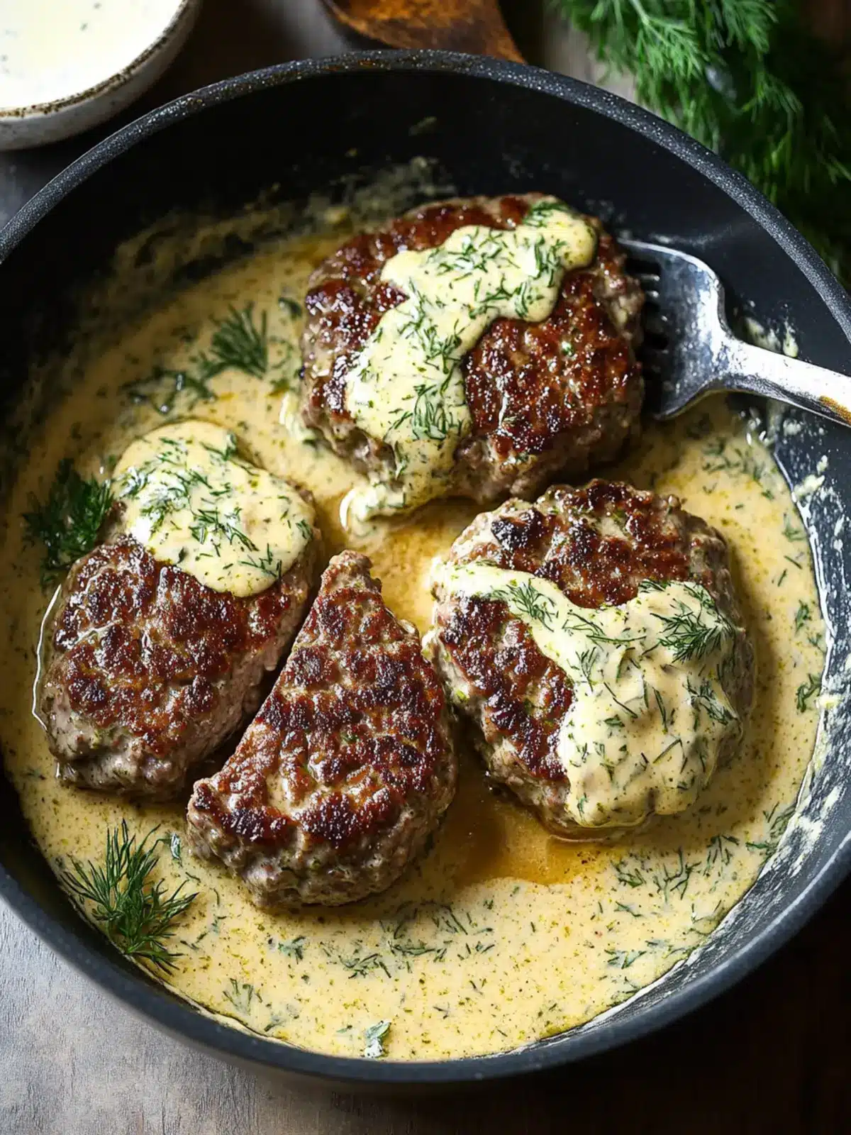 Savor Hamburger Steaks in Creamy Dill Sauce Tonight! 2 Hamburger Steaks in Creamy Dill Sauce